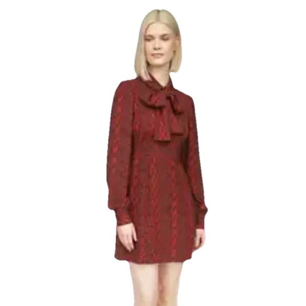 New Michael Kors Women Tie-Neck Long Sleeve Animal Print Red Black Dress Size M